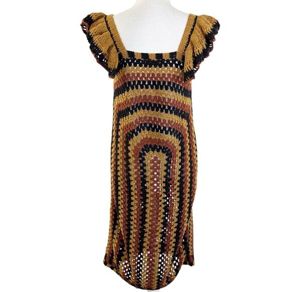ZARA Womens Crochet Knit Dress Size Small Brown Black Midi Granny Chic - Picture 3 of 9